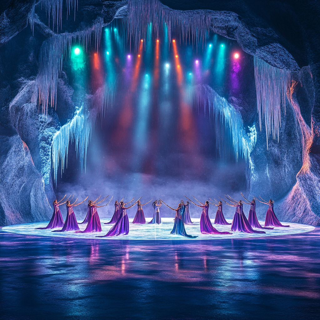 Tänzerinnen in fließenden violetten Kleidern tanzen im Kreis auf einer vereisten Bühne in einer Höhle, umgeben von Eiszapfen und bunten Lichtern, die von oben herabstrahlen.
