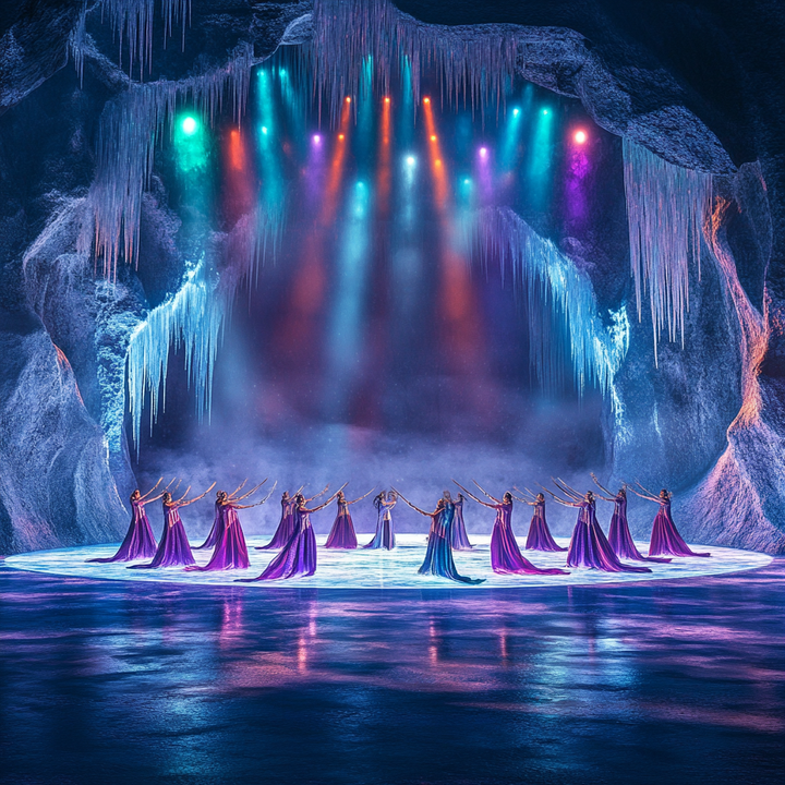 Tänzerinnen in fließenden violetten Kleidern tanzen im Kreis auf einer vereisten Bühne in einer Höhle, umgeben von Eiszapfen und bunten Lichtern, die von oben herabstrahlen.
