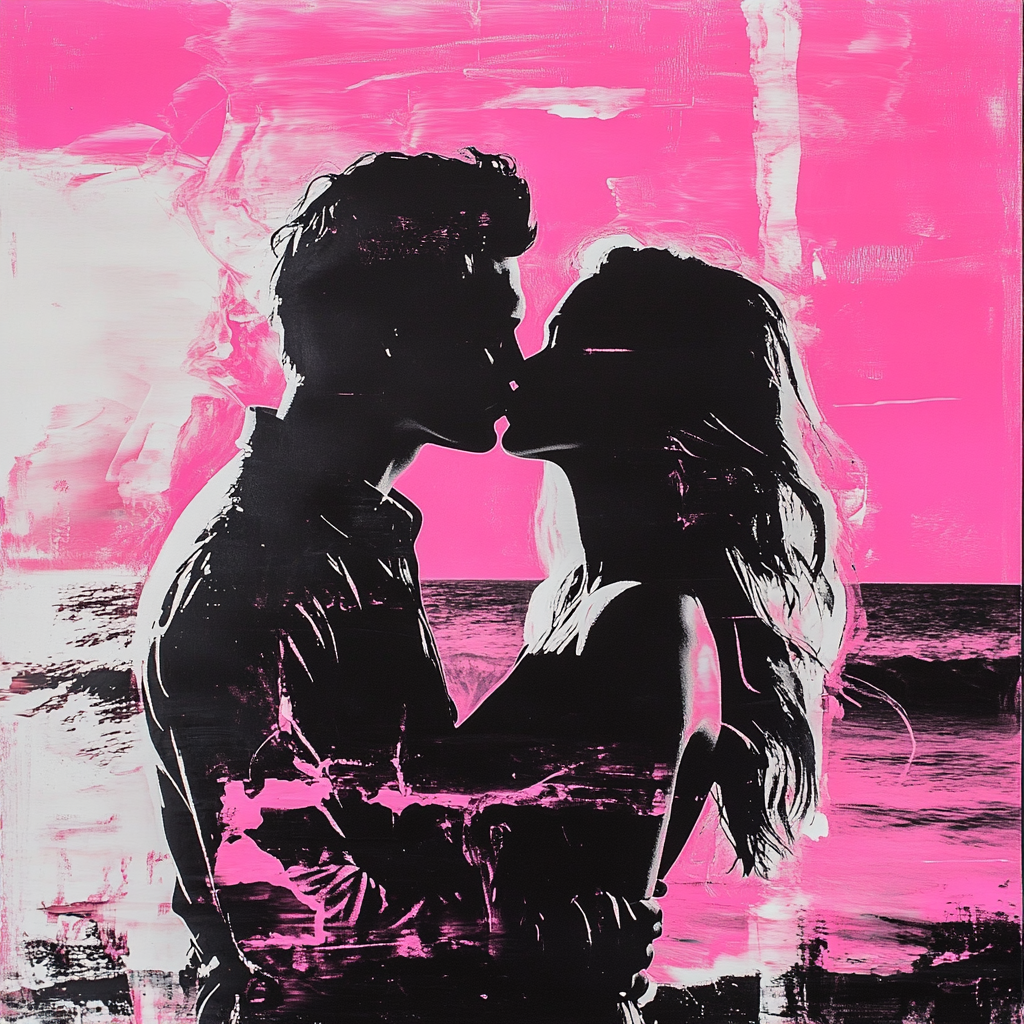 silhouette eines paares beim kuss vor pinkem hintergrund im popart-stil
