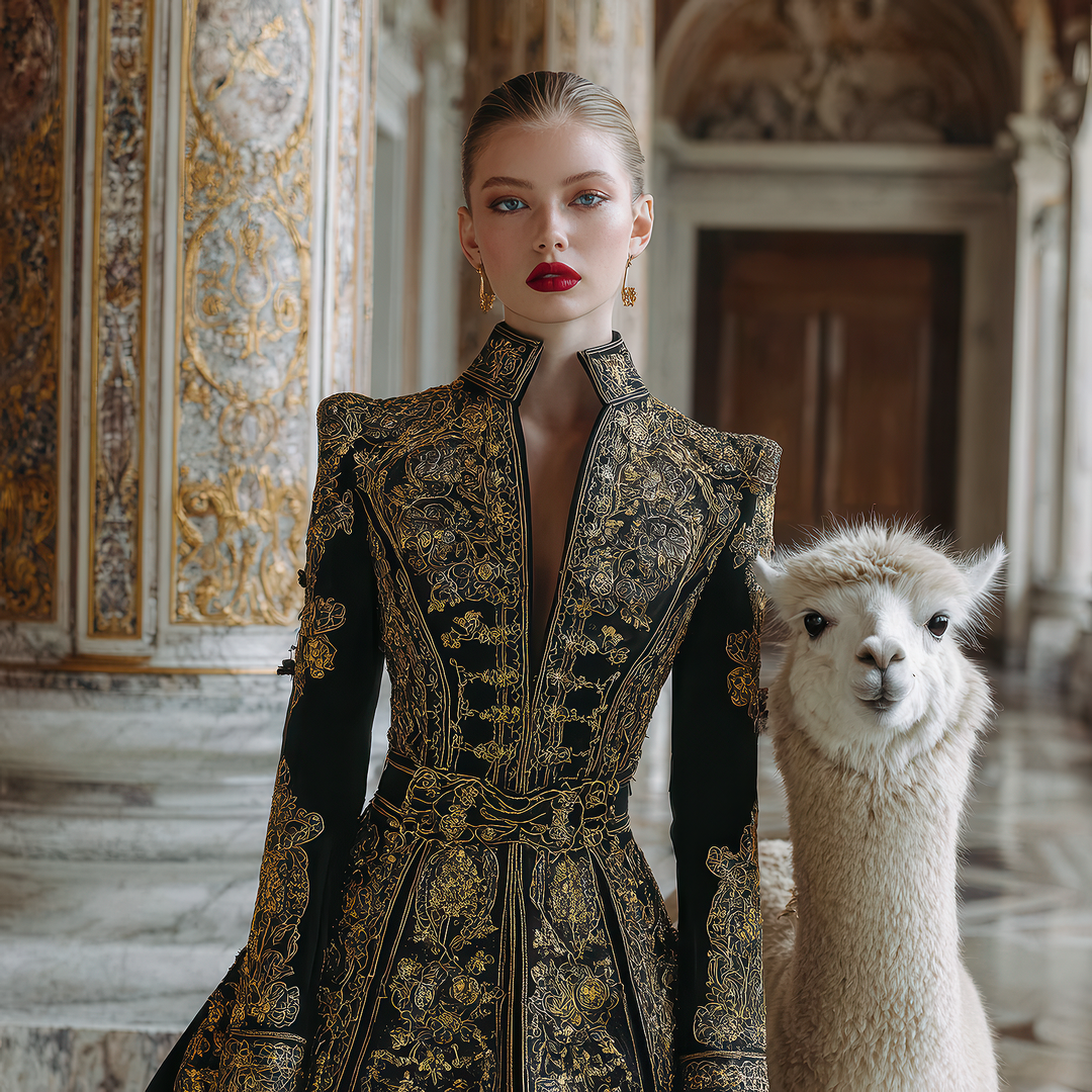 Frau in goldverzierter Robe posiert neben einem Alpaka in einem prunkvollen Saal.
