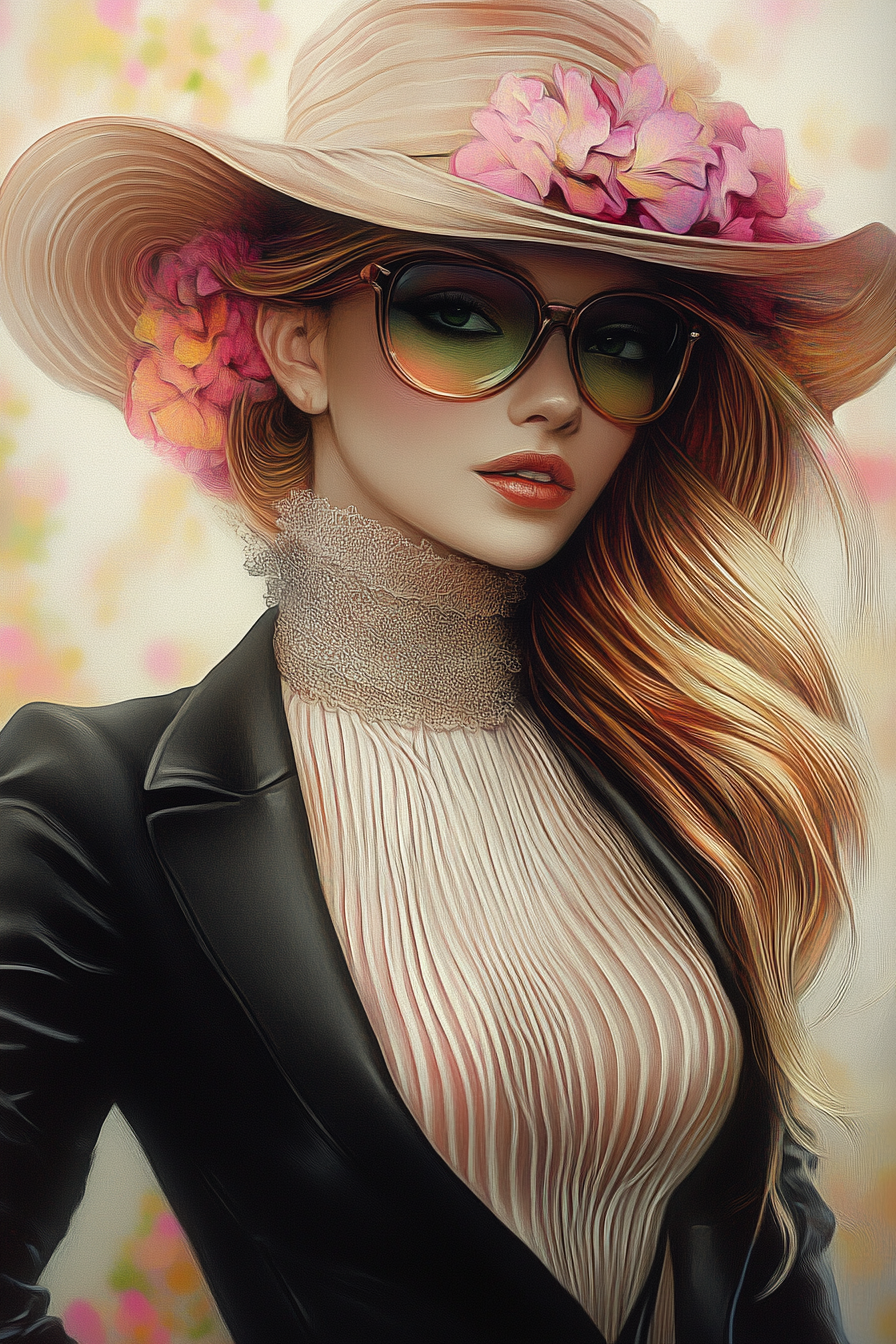 Künstlerisches Porträt einer eleganten Frau mit Hut, Sonnenbrille und Blüten
