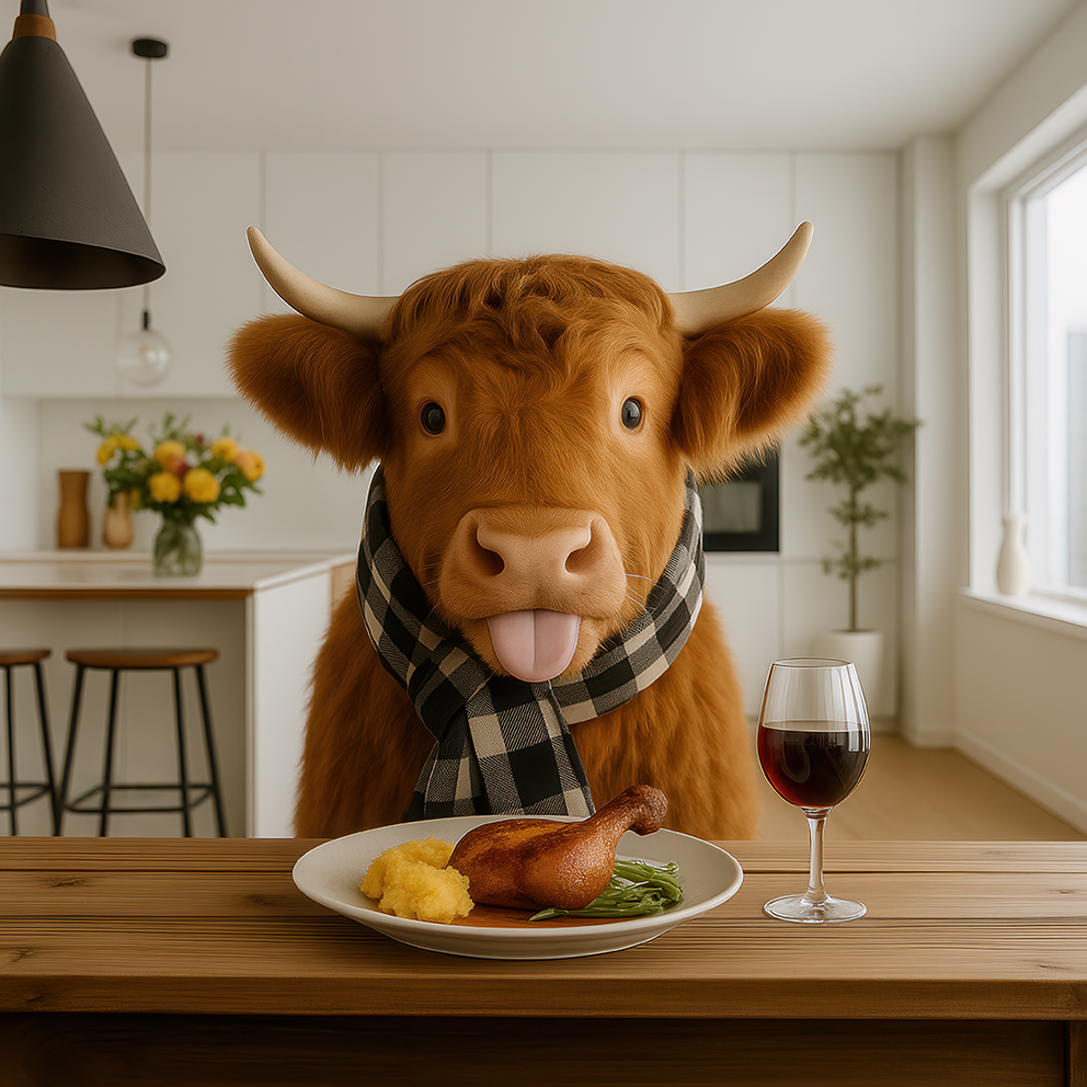 Humorvolles Porträt einer Kuh mit Schal, die am Küchentisch sitzt, vor einem Teller Essen. Warmes Licht, moderne Küche, freundlicher Ausdruck.
