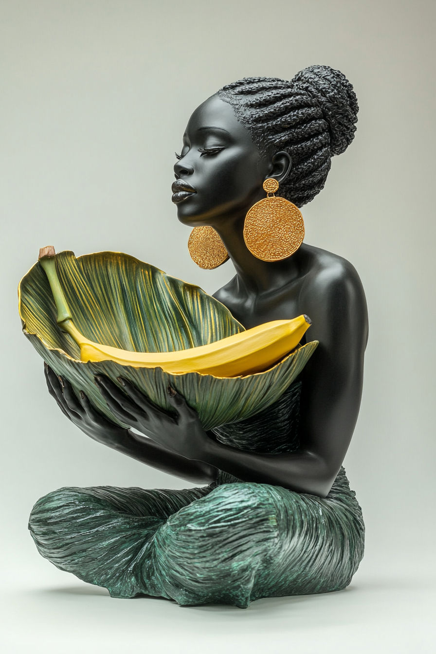 Elegante schwarze Skulptur einer Frau mit großen goldenen Ohrringen und einer Schale mit Bananen
