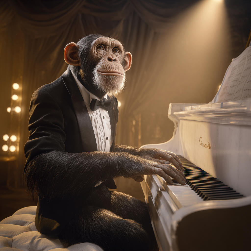 Schimpanse im Smoking spielt konzentriert an einem weißen Konzertflügel im warmen Bühnenlicht.
