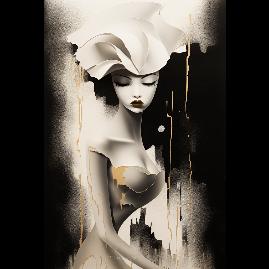 Ikonische Frauenfigur mit Blütenhut in Schwarz, Weiß und Gold, Symbol für stille Stärke und Anmut.
