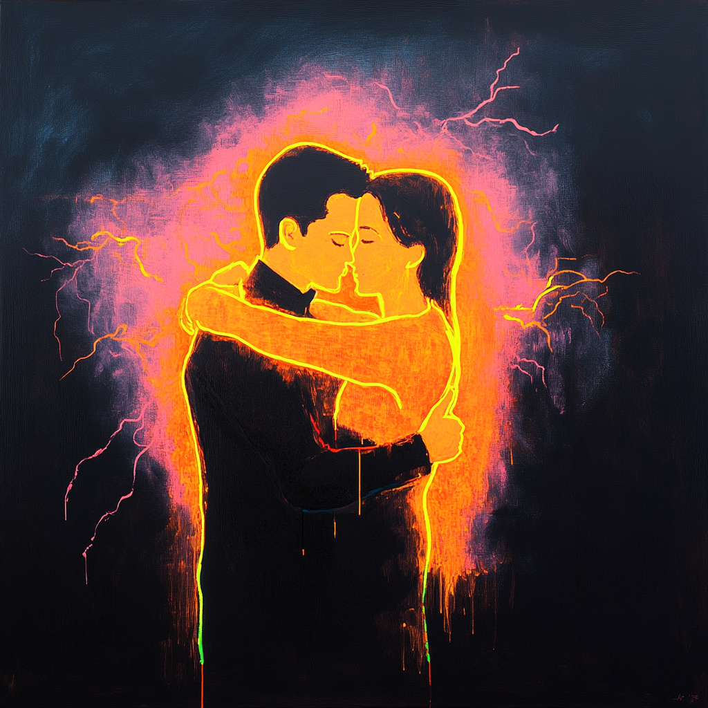 leuchtendes gemälde eines paares in umarmung vor dunklem hintergrund
