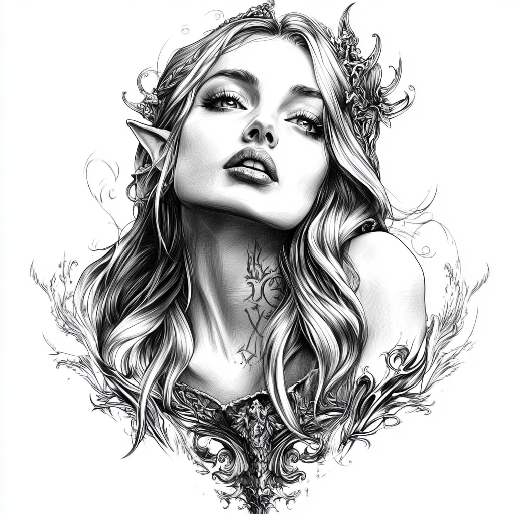 Feine Schwarzweiß-Zeichnung einer weiblichen Elfe mit langen Haaren, spitzen Ohren und eleganten Ornamenten, die ihren Körper und Hals umrahmen.
