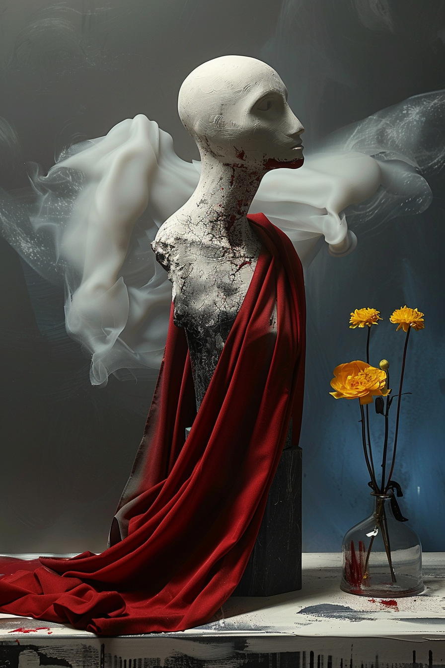Eine kopflose oder beschädigte Statue mit einem roten Tuch steht vor einem nebligen Hintergrund. Neben ihr steht eine Vase mit gelben Blumen, die Szene wirkt mystisch und surreal.

