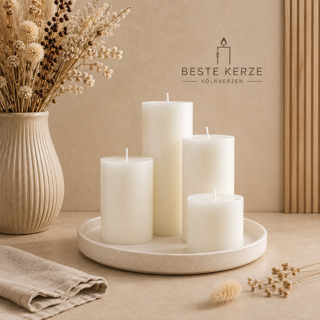 Engels Original Stumpenkerze Ø 80 mm in Champagner – elegante durchgefärbte Dekokerze für Wohnraum und Tischdekoration.