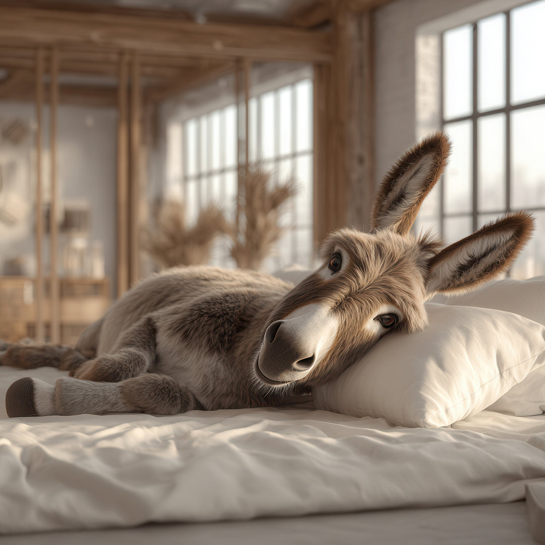 Liegender Esel auf einem weißen Bett in einem hellen Loft.
