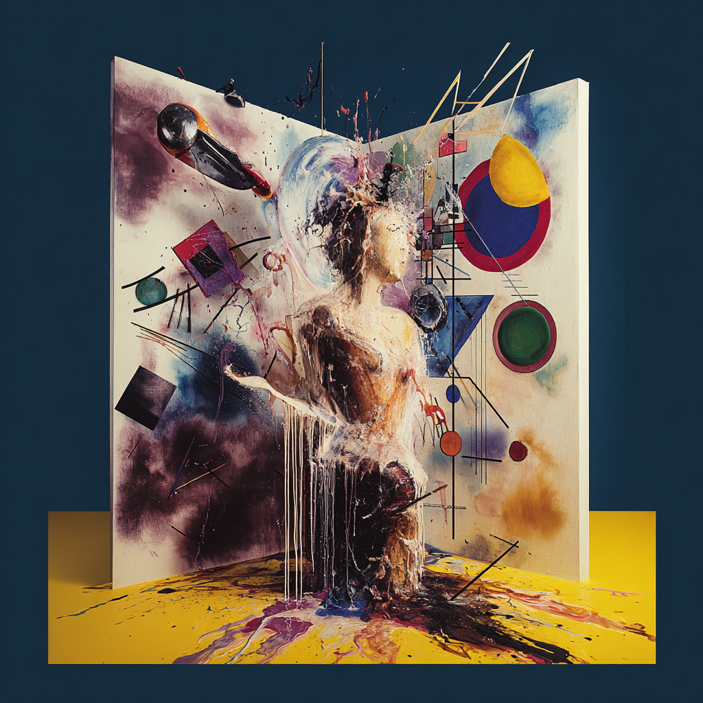Expressive Komposition mit einer halb-abstrakten menschlichen Figur, umgeben von geometrischen Formen, Farbspuren und Linien – ein dramatisches Spiel aus Bewegung und Struktur.
