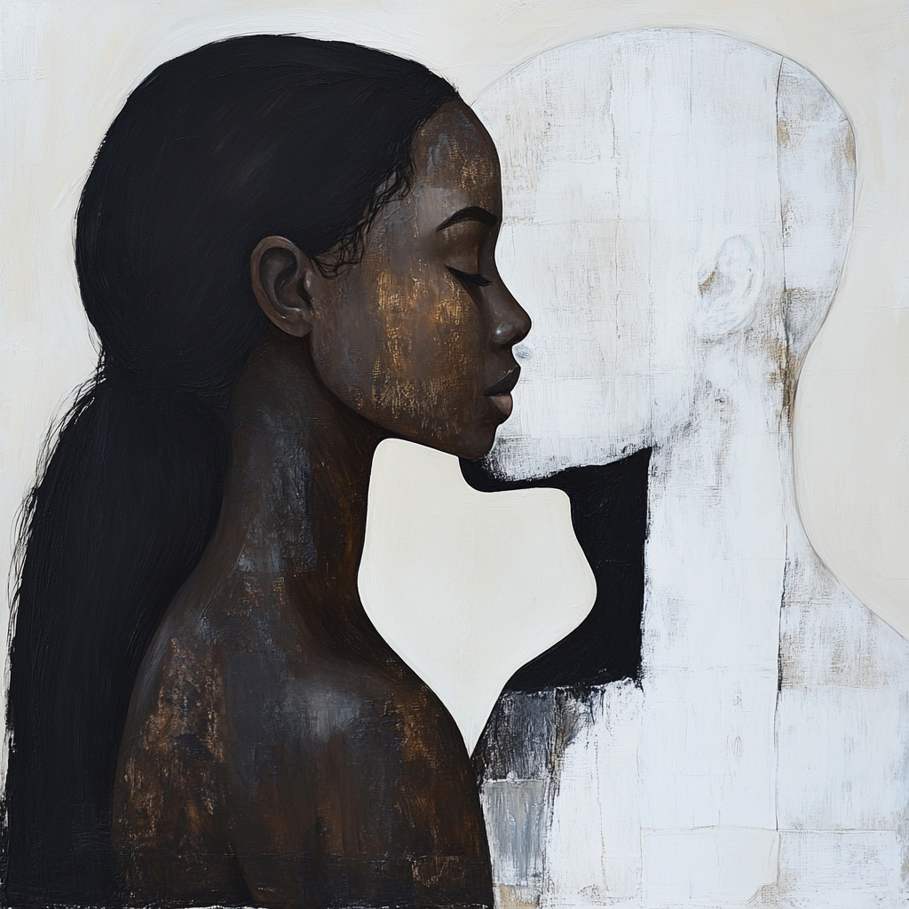 gemälde einer frau mit geschlossenen augen vor einer weißen silhouette, symbol für erinnerung und verlust
