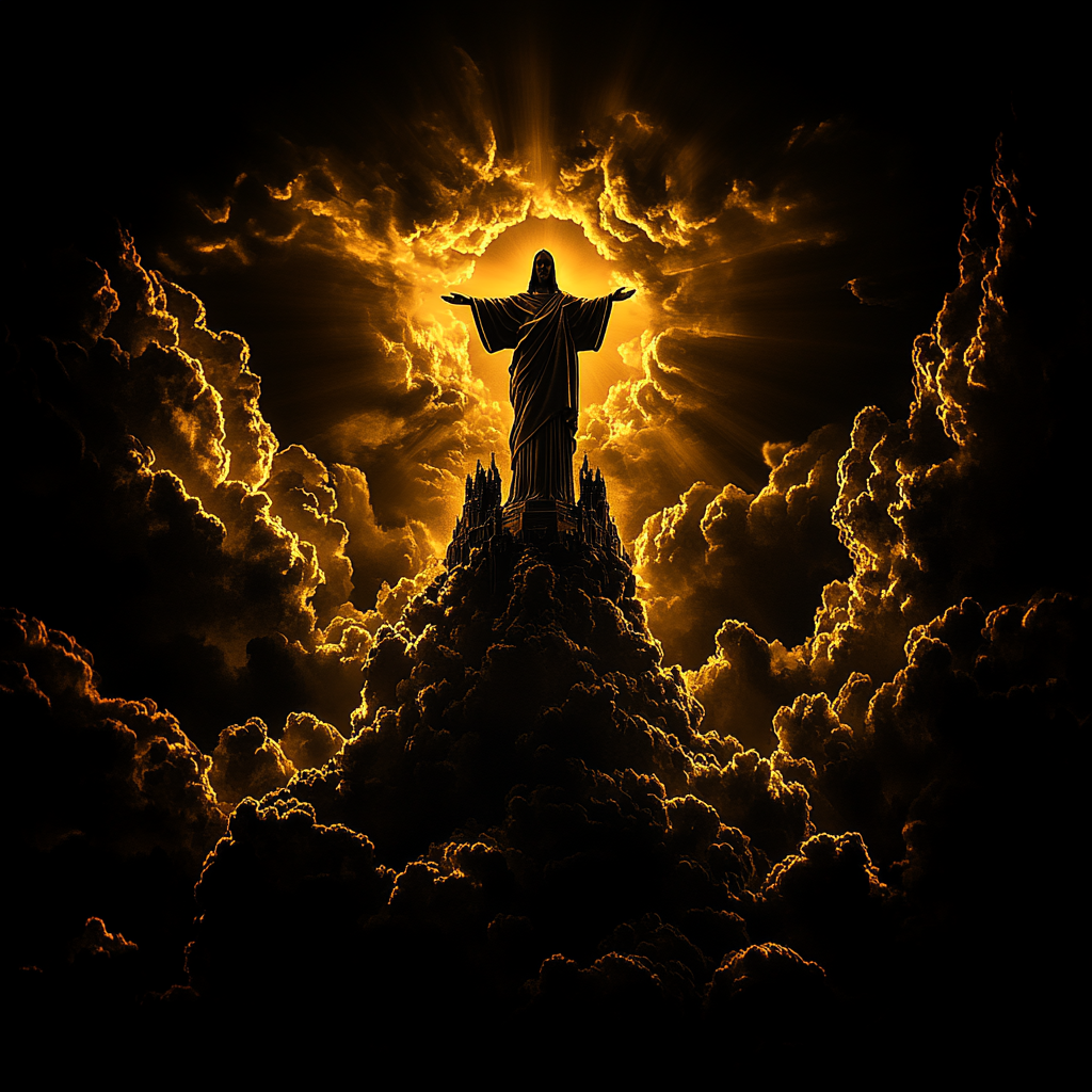 Dramatisches Kunstwerk einer erleuchteten Statue, die inmitten goldener Wolken steht – Symbol für Erlösung, Licht und Erhabenheit.
