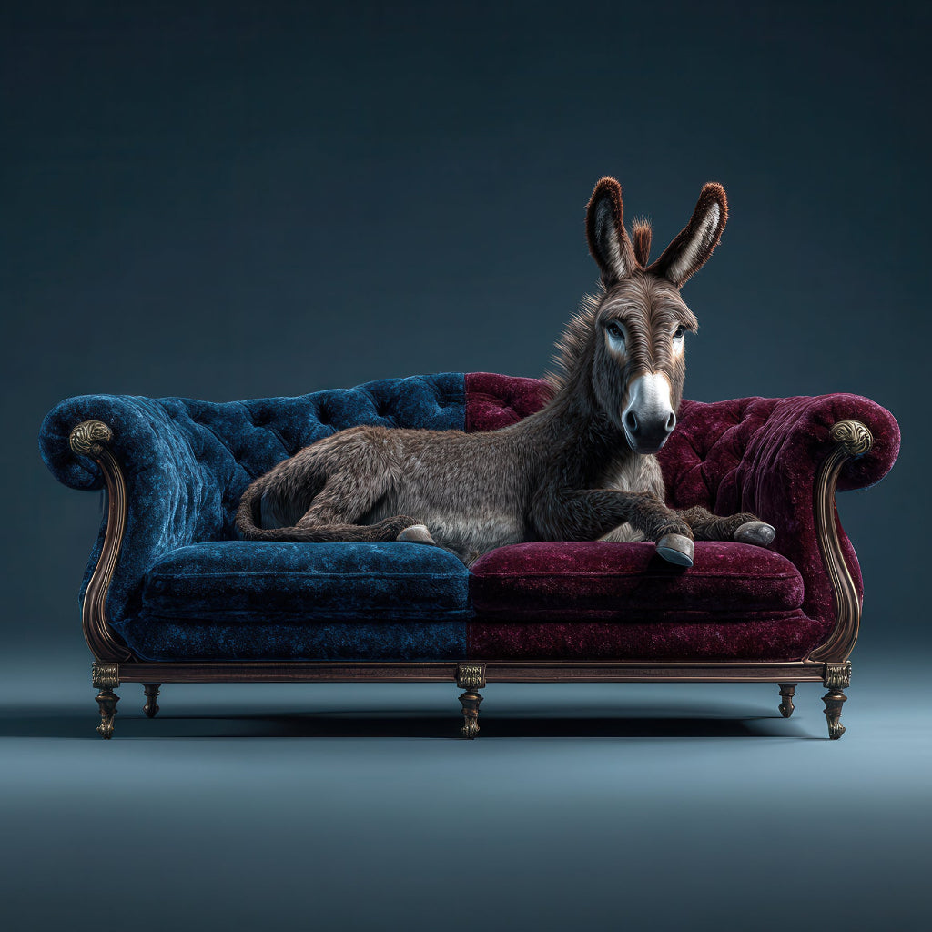 Esel liegt auf einer blau-roten Vintage-Samtcouch.
