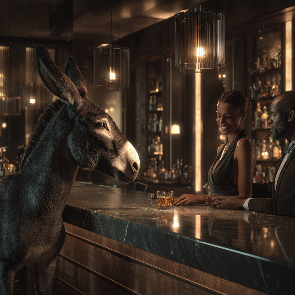 Esel steht in einer edlen Cocktail-Bar neben zwei elegant gekleideten Menschen.
