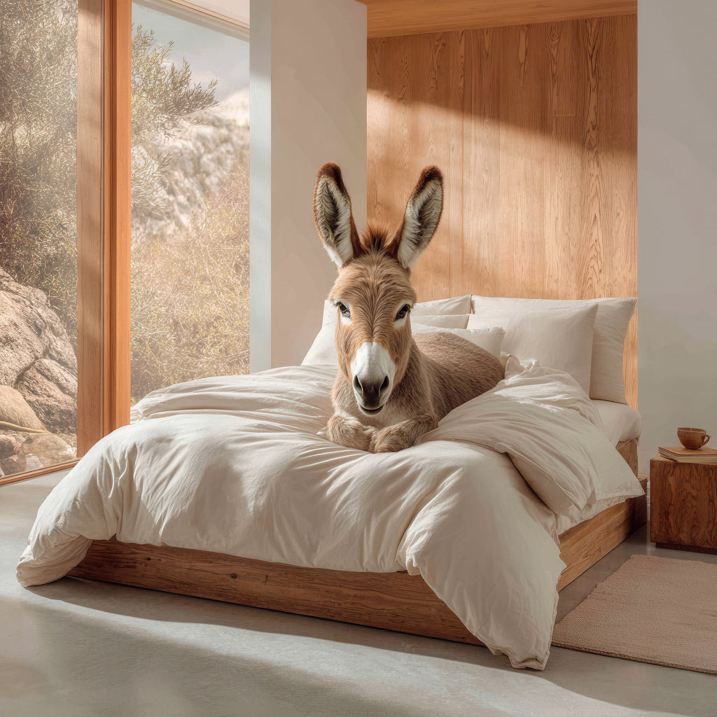 Entspannter Esel liegt auf einem hellen Bett in modernem Schlafzimmer.
