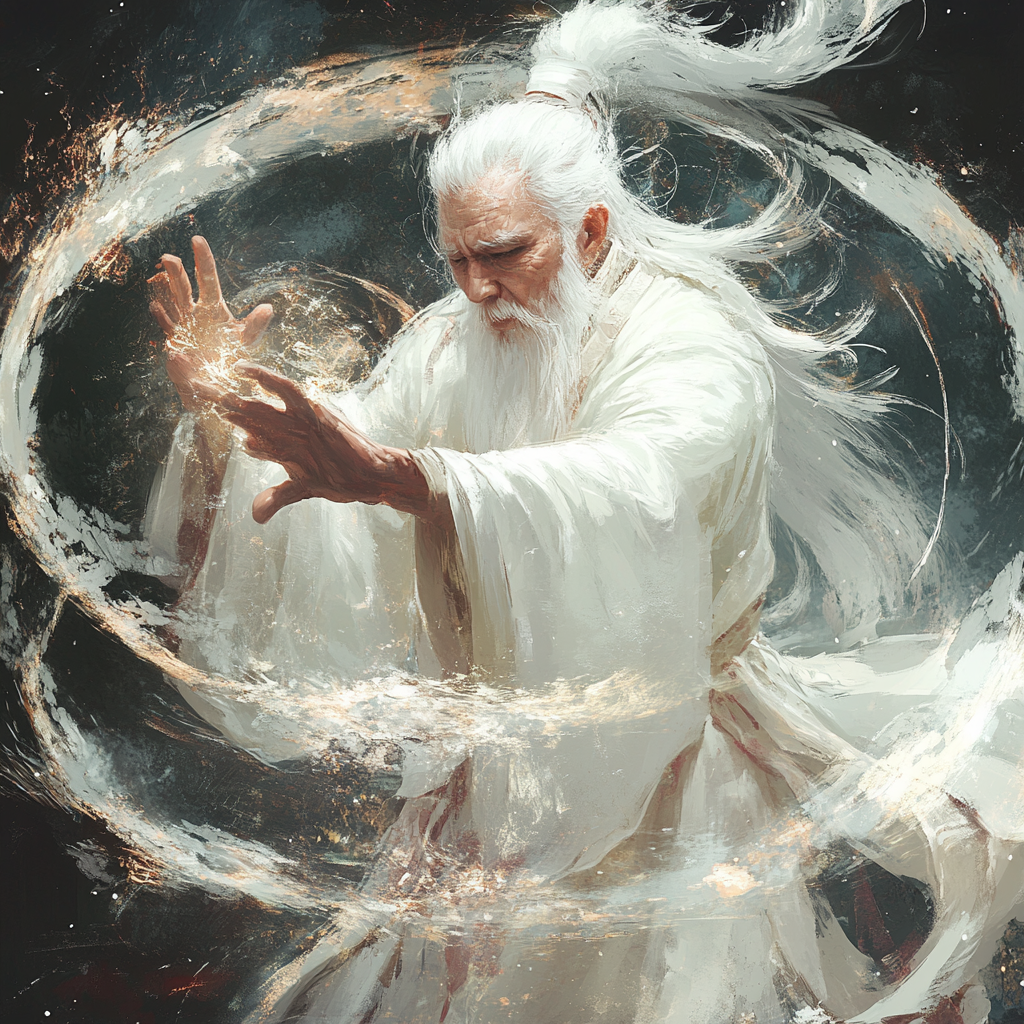 Alter Magier in weißem Gewand, der magische Energie kontrolliert.
