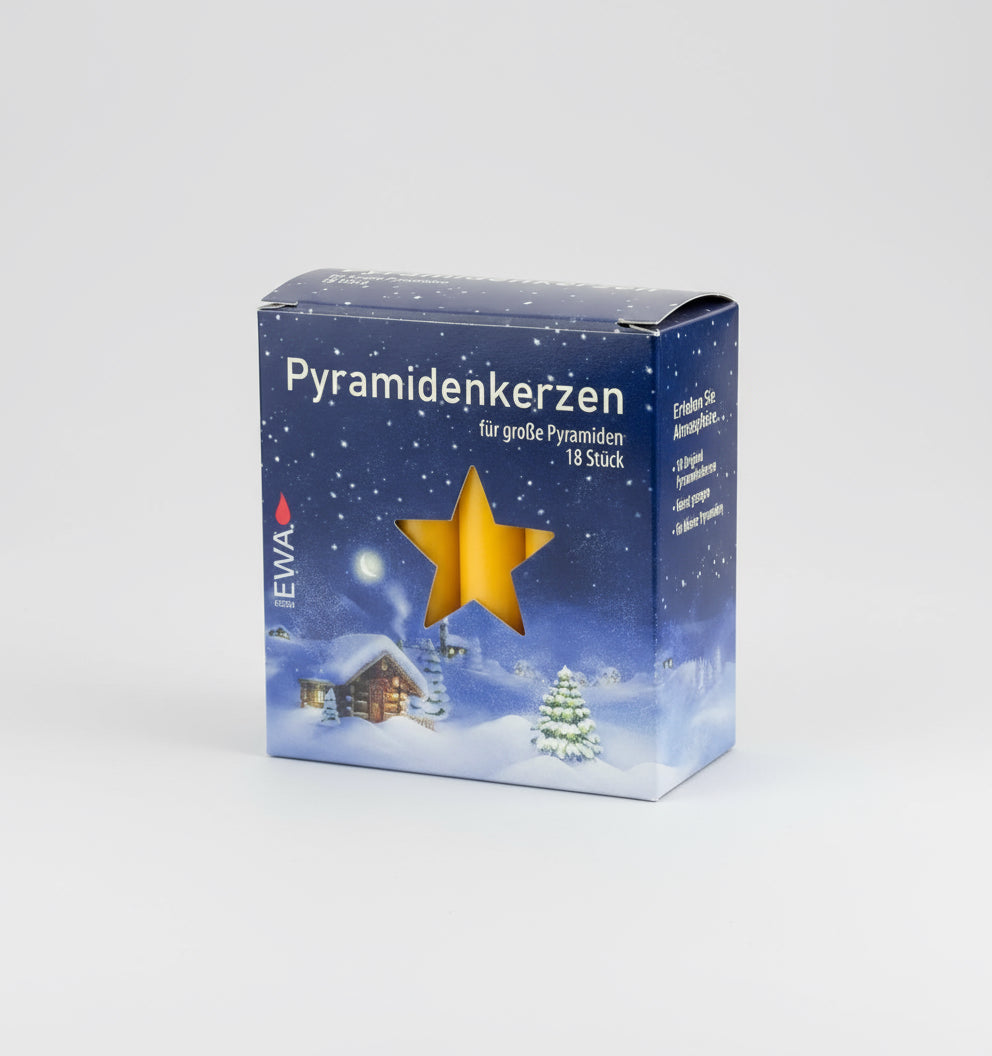 EWA Pyramidenkerzen in Gelb – 18 Stück für große Weihnachtspyramiden, fein gezogen, gleichmäßiger Abbrand, in klassischer Winterverpackung.