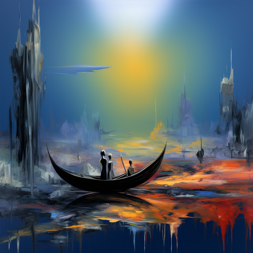 drei figuren in einem boot auf leuchtendem wasser unter sonnenlicht
