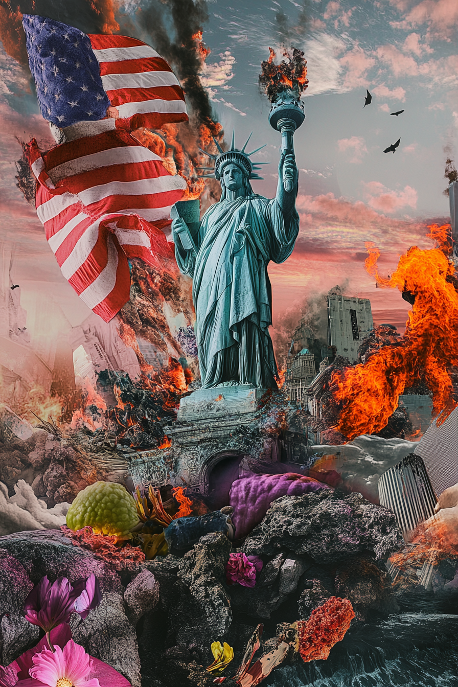 Freiheitsstatue in Flammen zwischen Rauch und Trümmern, Symbol für den Zusammenbruch und Neuanfang.
