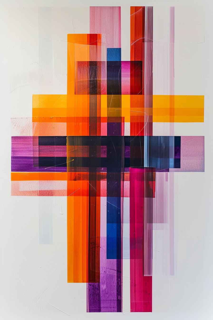 Abstrakte Komposition aus überlagernden Farbflächen in Orange, Rot, Violett und Blau – geometrisch strukturiert und von klaren Linien und Transparenzen durchzogen.
