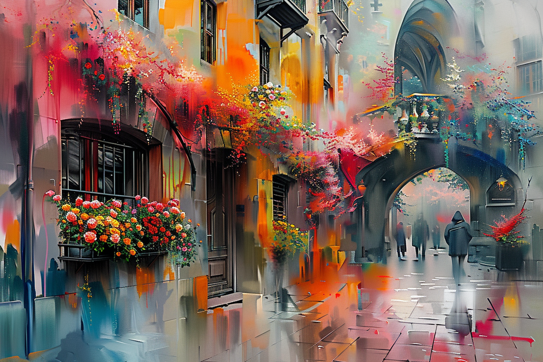 Lebendige Stadtszene mit bunten Blumen, Lichtreflexionen und Menschen in einer verwunschenen Gasse – impressionistische Darstellung urbaner Romantik.
