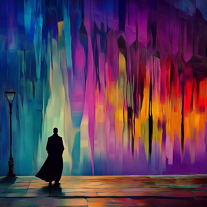 Abstraktes Gemälde mit einer dunklen Figur vor einer Wand aus leuchtenden Farben in Blau, Violett, Rot und Gelb – ein Spiel aus Licht und Schatten.
