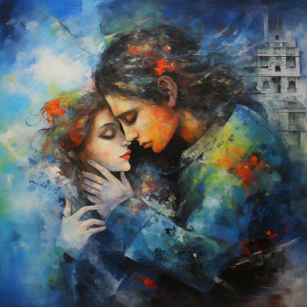 Expressionistisches Gemälde eines Liebespaares in einer zärtlichen Umarmung, gemalt in intensiven Blau-, Orange- und Rottönen – Symbol für Nähe, Sehnsucht und Verschmelzung.
