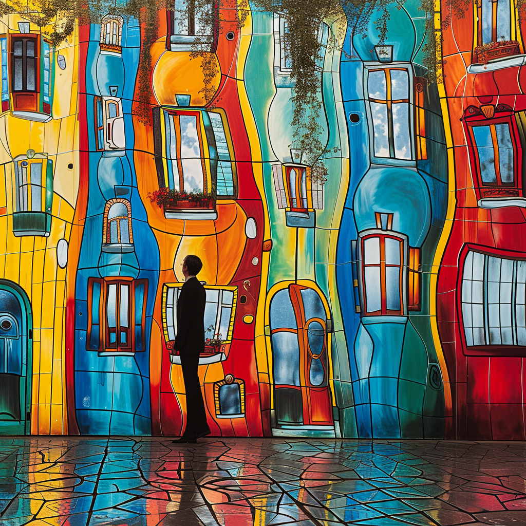 Person steht vor farbenfroher, geschwungener Hausfassade mit Fenstern in kräftigen Tönen
