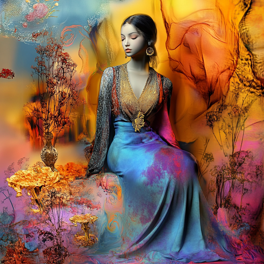 Porträt einer Frau in einem schimmernden Kleid, umgeben von goldenen und blauen Farbtönen – eine surreale, träumerische Szene voller Ruhe und Eleganz.
