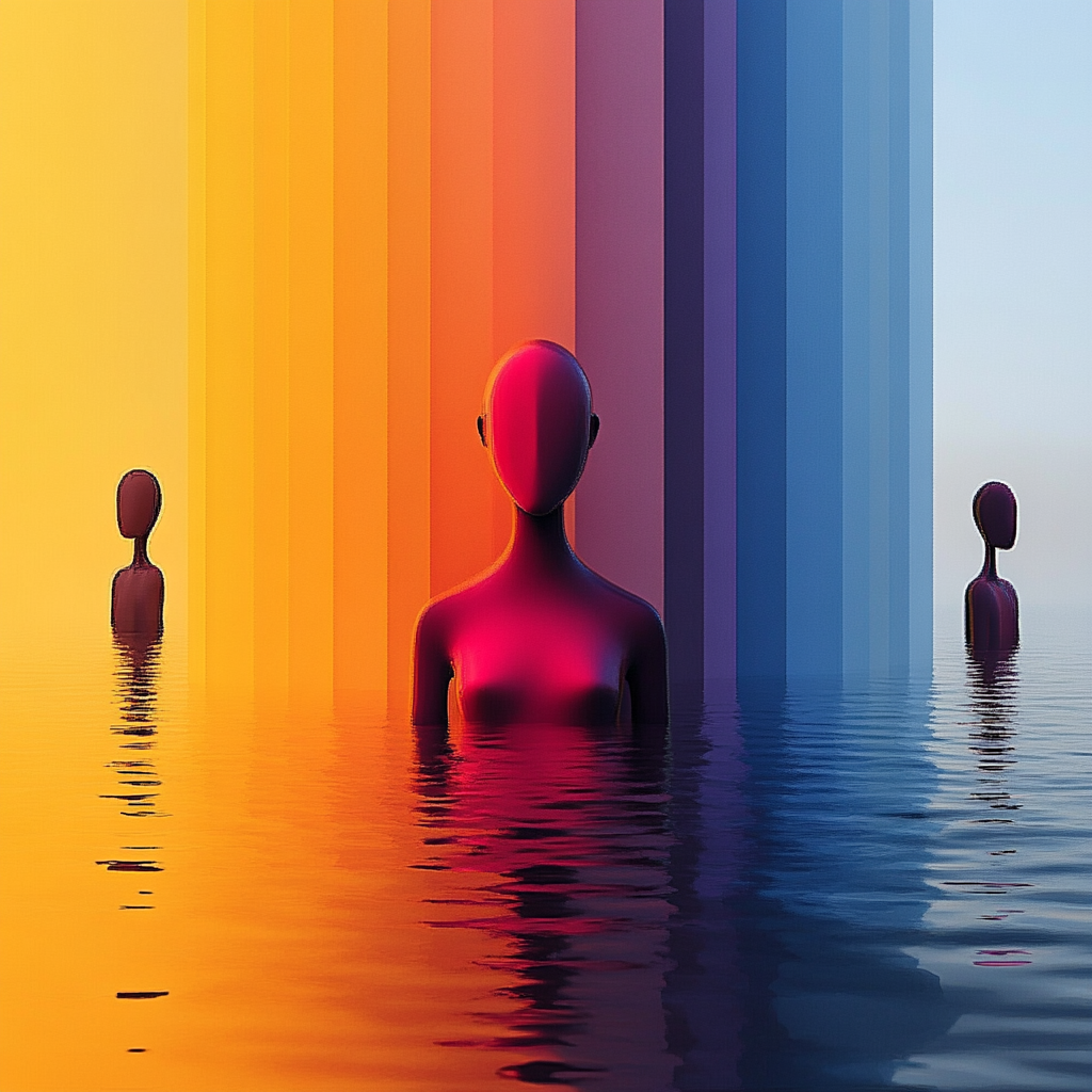 Abstrakte Komposition mit drei stilisierten Figuren, die bis zur Brust im Wasser stehen. Der Hintergrund zeigt vertikale Farbverläufe von Gelb über Rot bis Blau – ein symbolisches Spiel von Licht, Raum und Identität.
