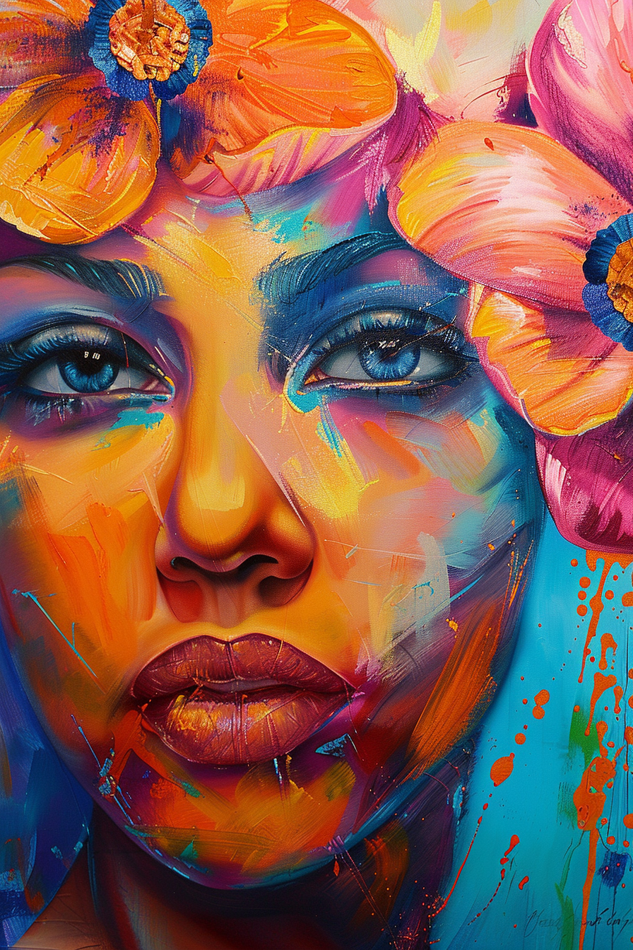 Ausdrucksstarkes Porträt einer Frau mit intensiven blauen Augen und floralen Elementen – kräftige, leuchtende Farbflächen in Orange, Blau, Rosa und Gelb.
