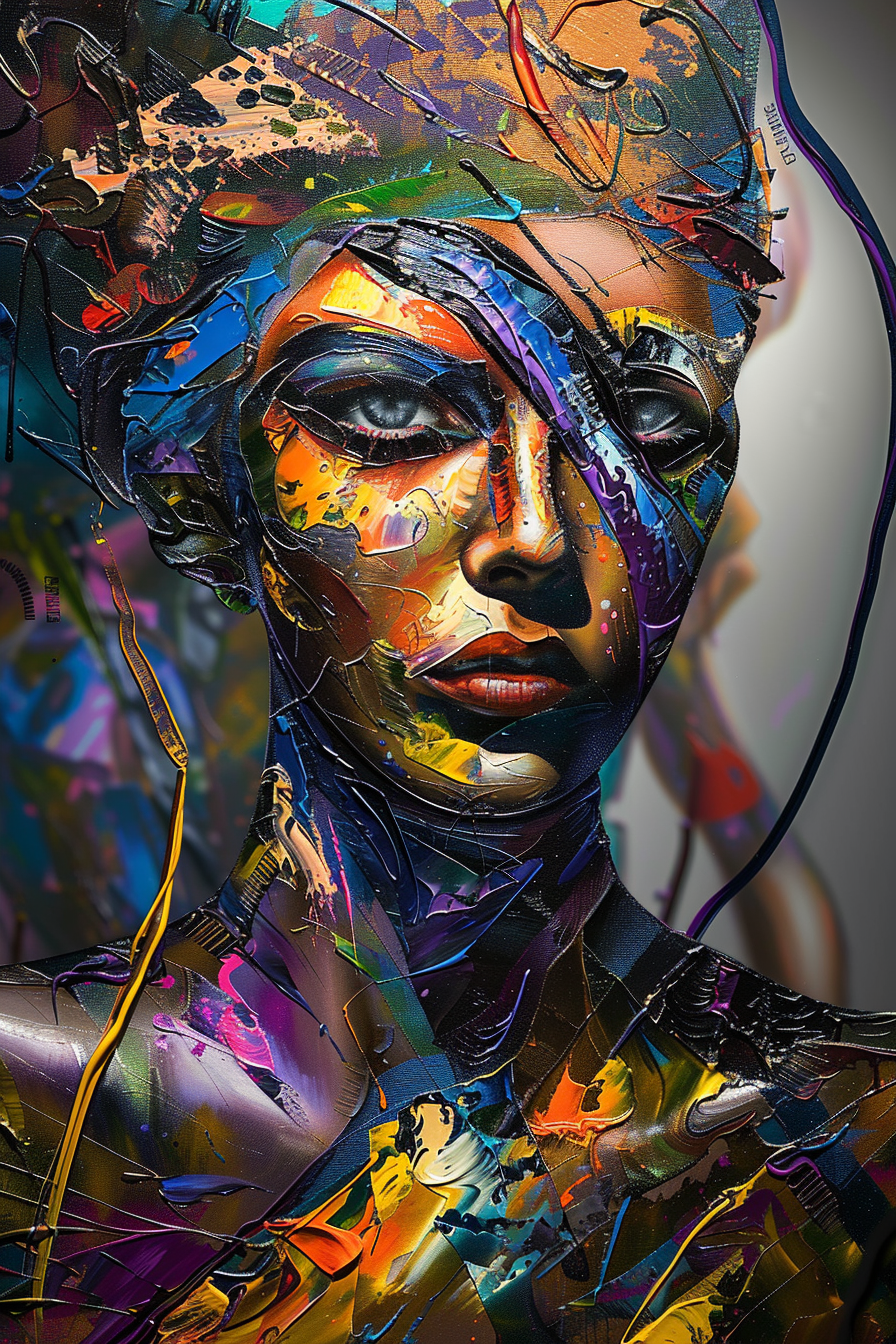 Abstraktes, farbintensives Frauenporträt mit dynamischen Pinselstrichen und Texturen
