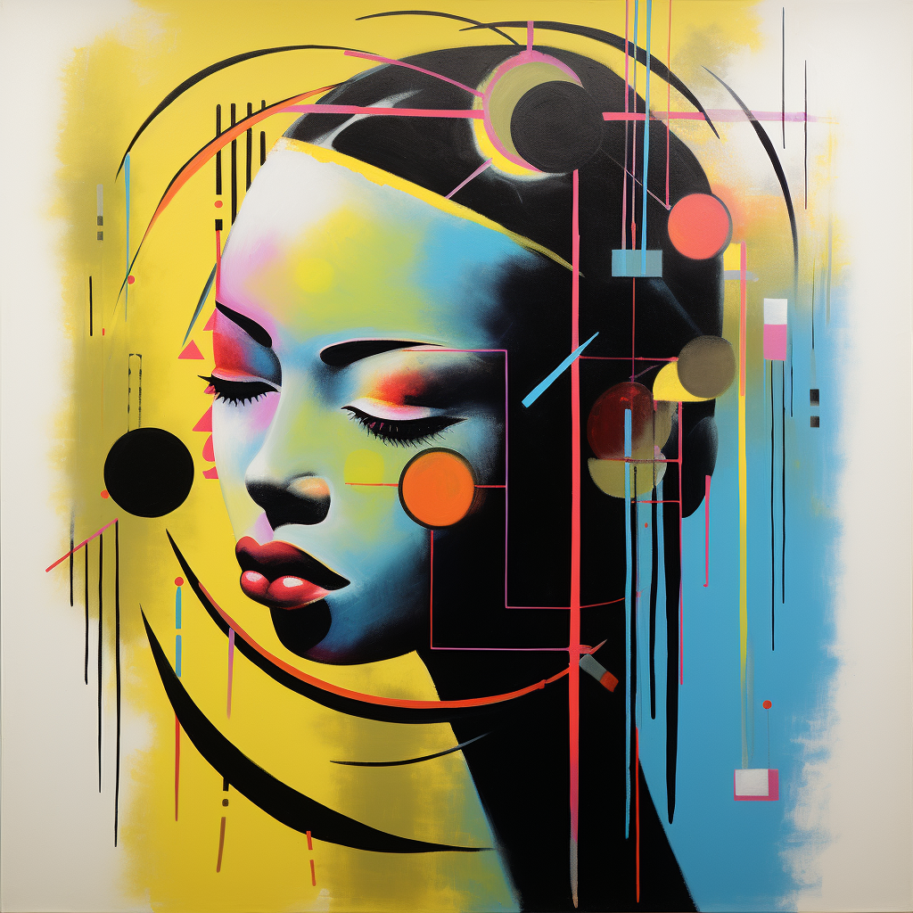 Abstraktes Porträt einer Frau mit geschlossenen Augen in intensiven Farben von Gelb, Blau und Rot, umgeben von geometrischen Linien und Kreisen.
