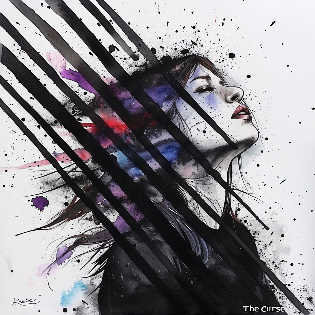 Ausdrucksstarke Porträtillustration einer Frau mit geschlossenen Augen, umgeben von abstrakten Farb- und Tuschespritzern in Schwarz, Violett und Rot.
