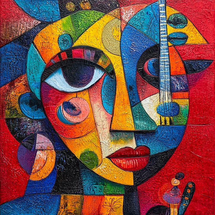 Kubistisches Porträt in kräftigen Farben mit geometrischen Formen und musikalischen Elementen.
