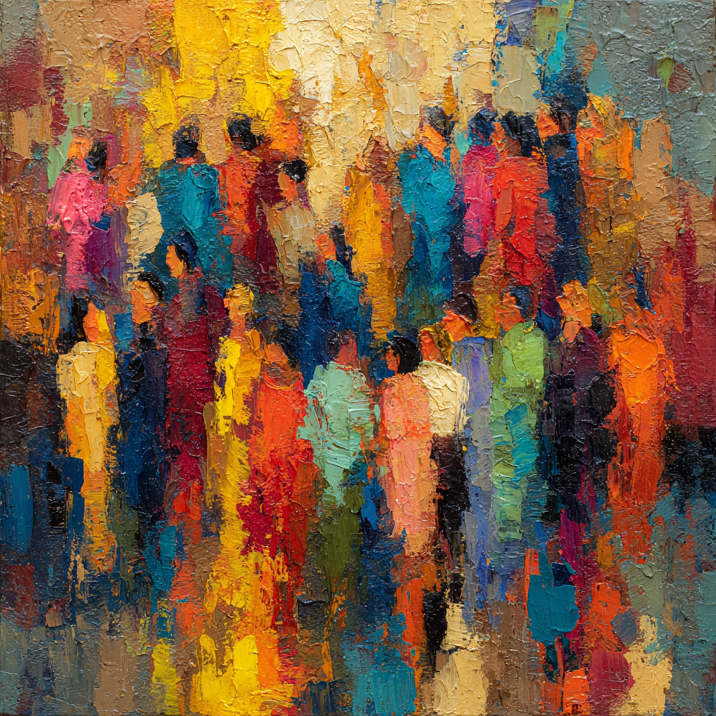 abstraktes gemälde mit menschenmenge in leuchtenden farben
