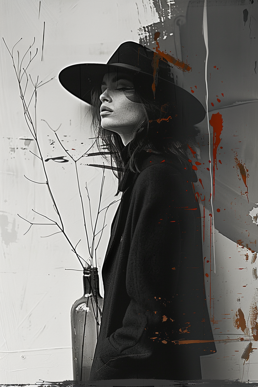 Porträt einer Frau mit Hut in Schwarz-Weiß, überlagert von farbigen Pinselstrichen in Orange, Lila und Blau.
