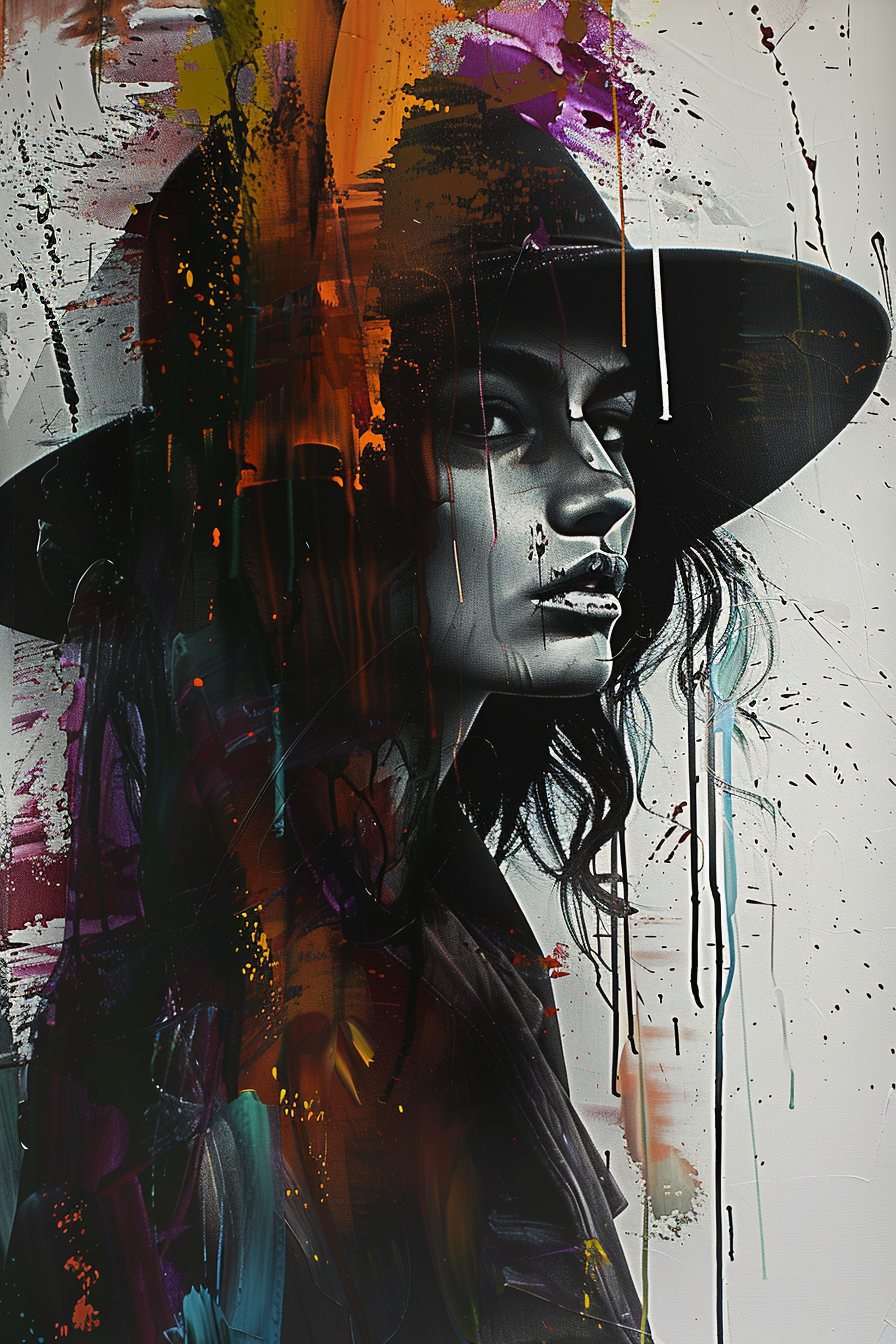 Porträt einer Frau mit Hut in Schwarz-Weiß, überlagert von farbigen Pinselstrichen in Orange, Lila und Blau.
