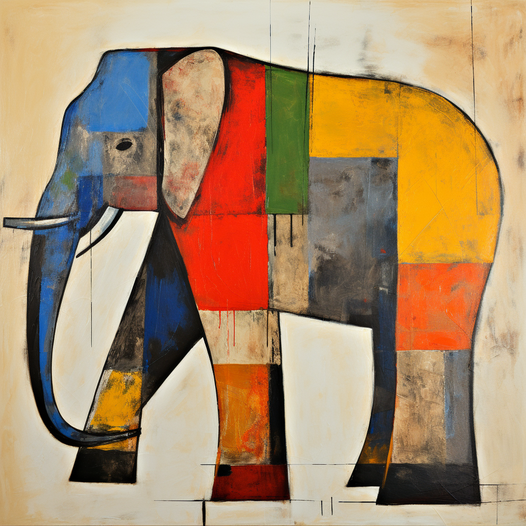 Abstrakte Malerei eines Elefanten aus bunten geometrischen Flächen in Rot, Blau, Gelb, Grün und Grau auf hellem Hintergrund.
