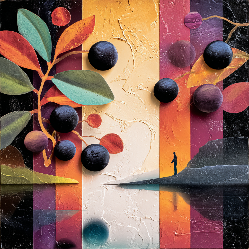 Abstraktes Kunstwerk mit Blättern, Kugeln und leuchtenden Farbstreifen
