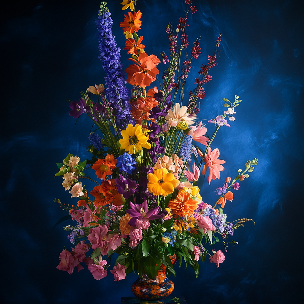 Großes, farbenfrohes Blumenarrangement mit orangefarbenen, gelben, violetten, rosa und blauen Blüten vor tiefblauem Hintergrund
