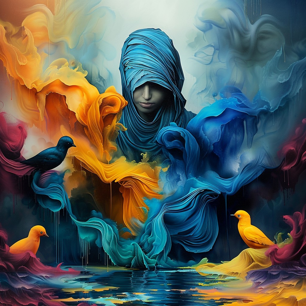 Eine Frau mit verhülltem Kopf in blauen Stoffbahnen ist umgeben von leuchtenden Farbströmen in Blau, Gelb und Orange. Zwischen den Falten sitzen kleine Vögel, die die Szene beleben.
