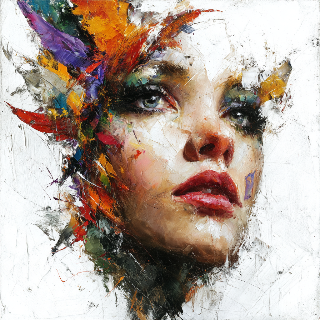 Porträt eines Gesichts mit realistischen Zügen, umgeben von dynamischen, farbintensiven, pastosen Pinselstrukturen in Orange, Violett, Grün und Rot.

