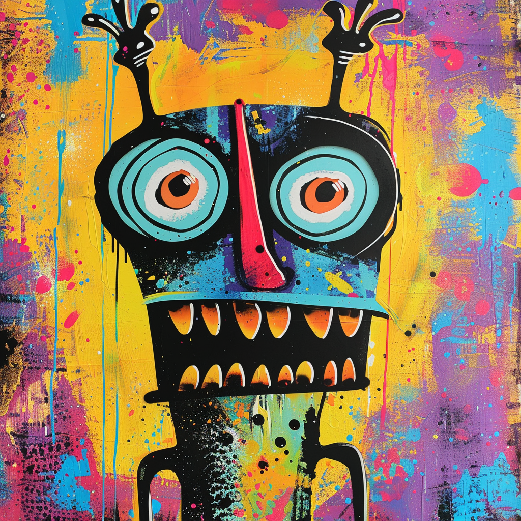 Buntes Pop-Art-Gemälde eines abstrakten Gesichts mit großen Augen, breitem Mund und leuchtenden Farben – Explosion aus Energie, Humor und Chaos.
