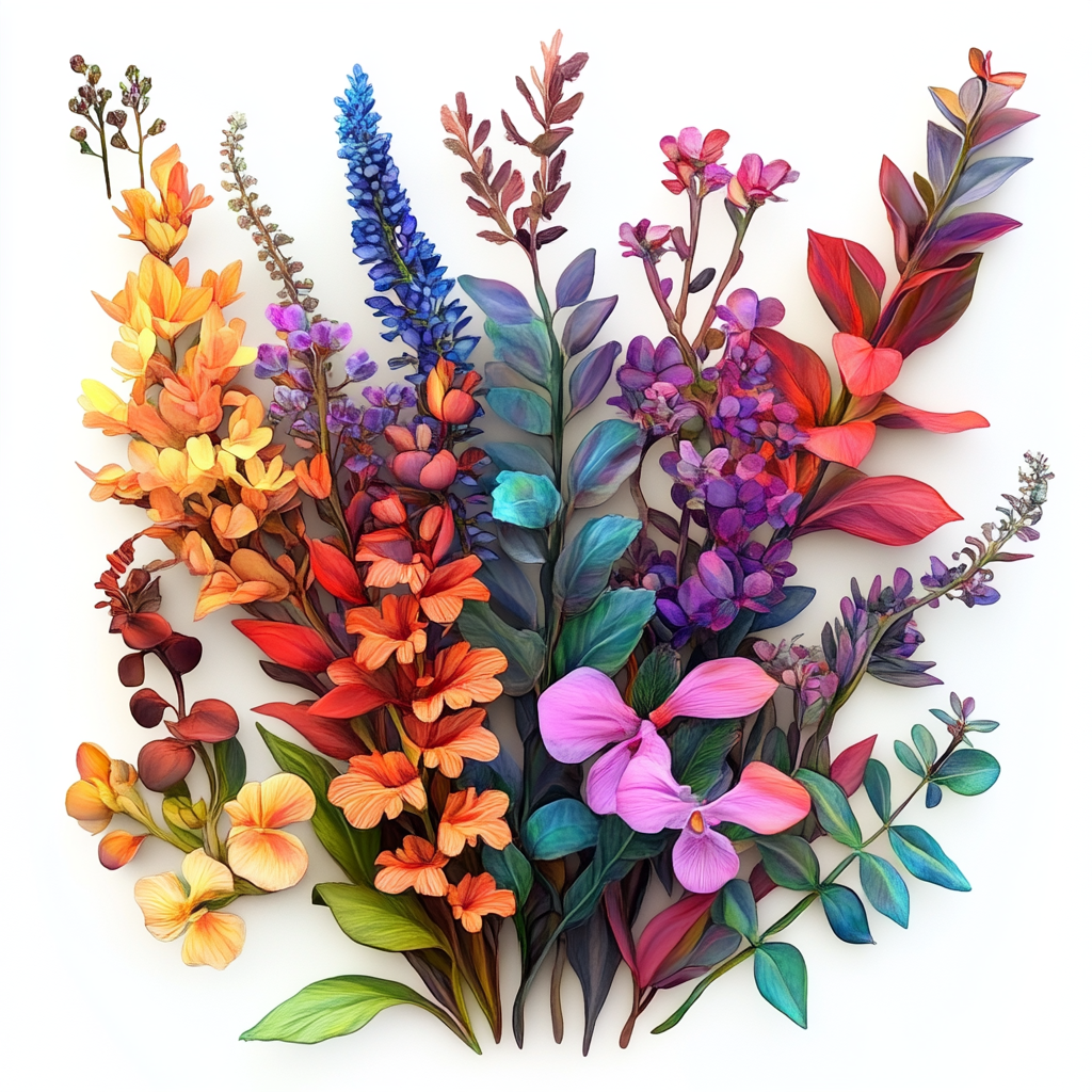 Farbenfrohes Blumenarrangement mit Blüten in Rot-, Orange-, Blau- und Lilatönen auf weißem Hintergrund
