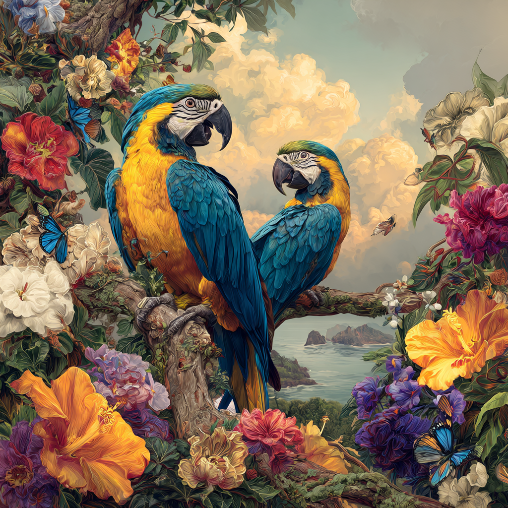 Zwei farbenprächtige Aras in tropischer Vegetation, umgeben von üppigen Blüten und einer idyllischen Küstenlandschaft im Hintergrund.

