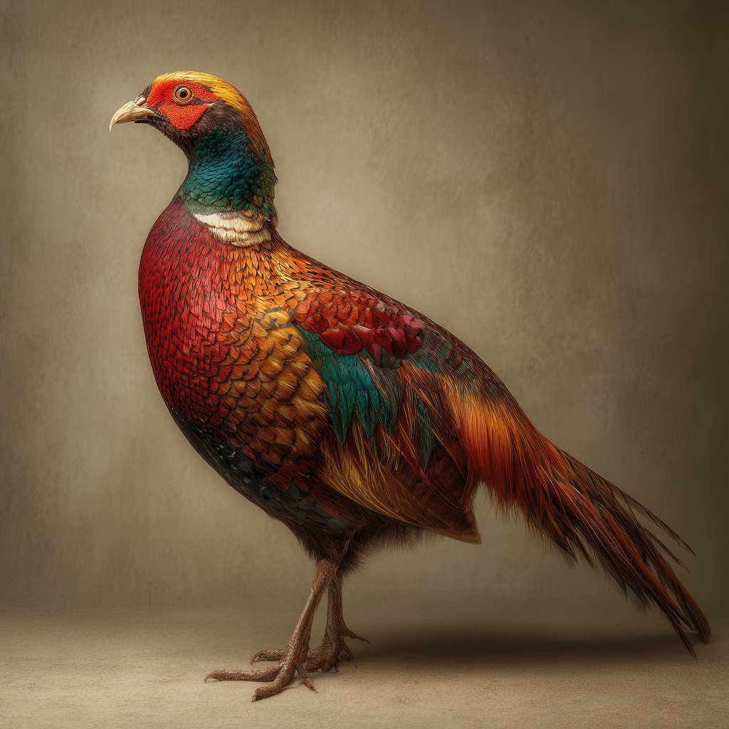 Farbenprächtiger Fasan in Seitenansicht.
