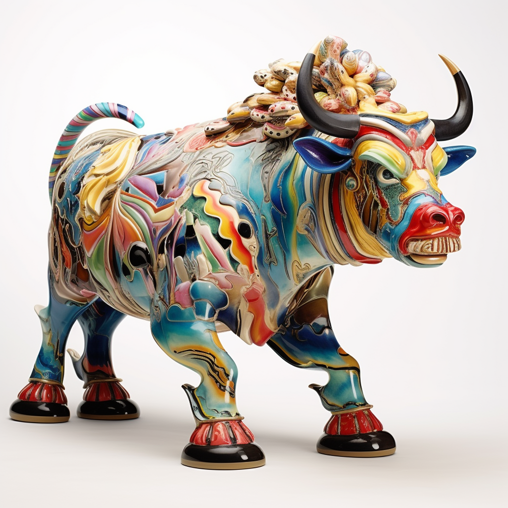Bunte, detailreiche Stierskulptur mit kunstvoll geschwungenen Formen und kräftigen Farben in Blau, Rot, Gelb und Türkis auf weißem Hintergrund.
