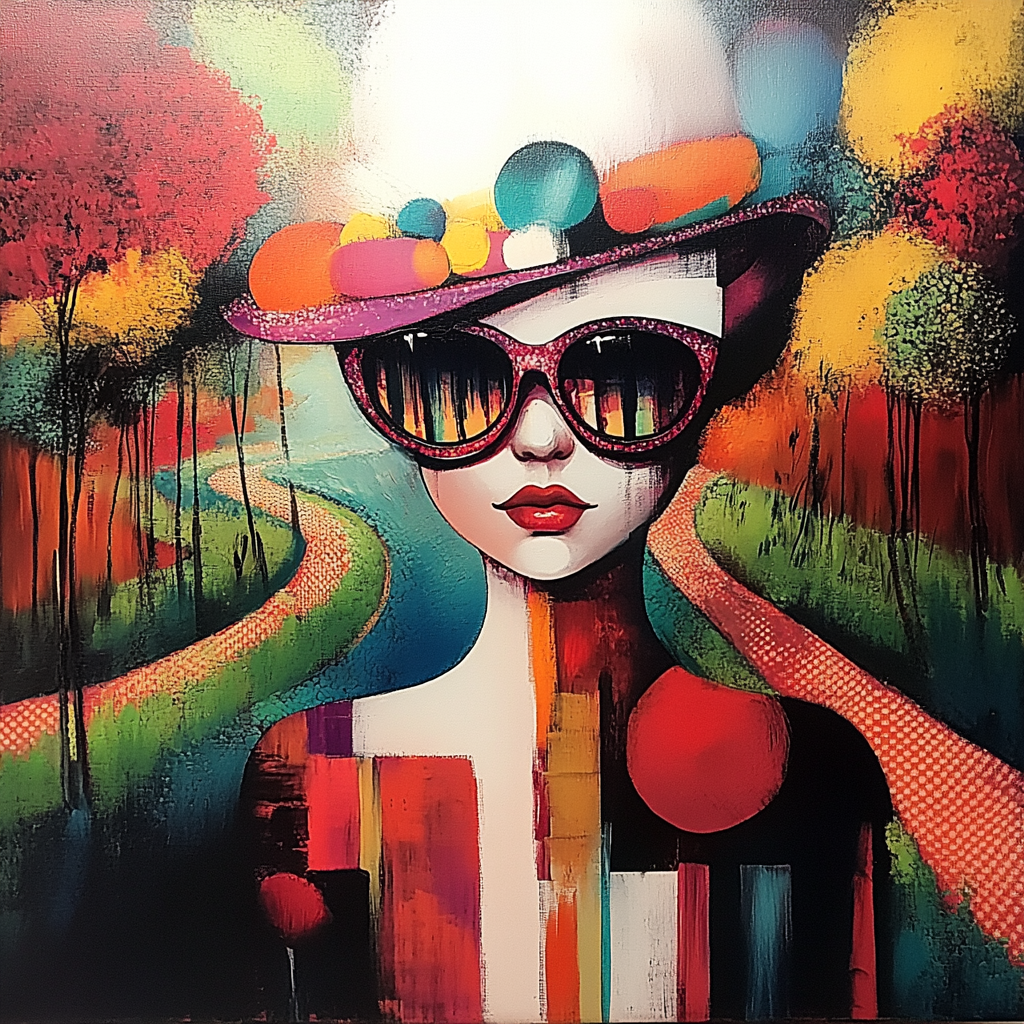 stilisierte frau mit großem hut und sonnenbrille auf farbenfrohem waldweg
